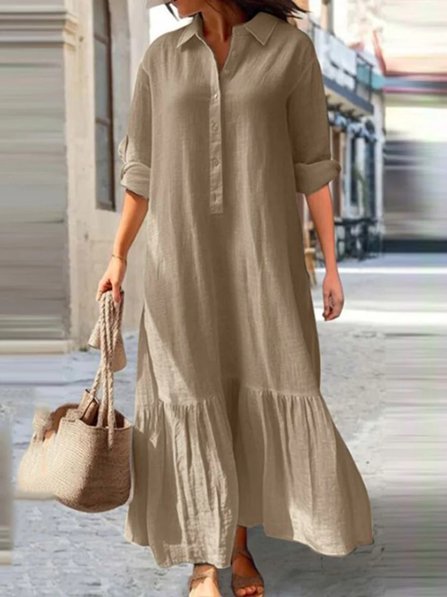 A-Line Long Sleeves Buttoned Pleated Solid Color Split-Joint Lapel Maxi Dresses