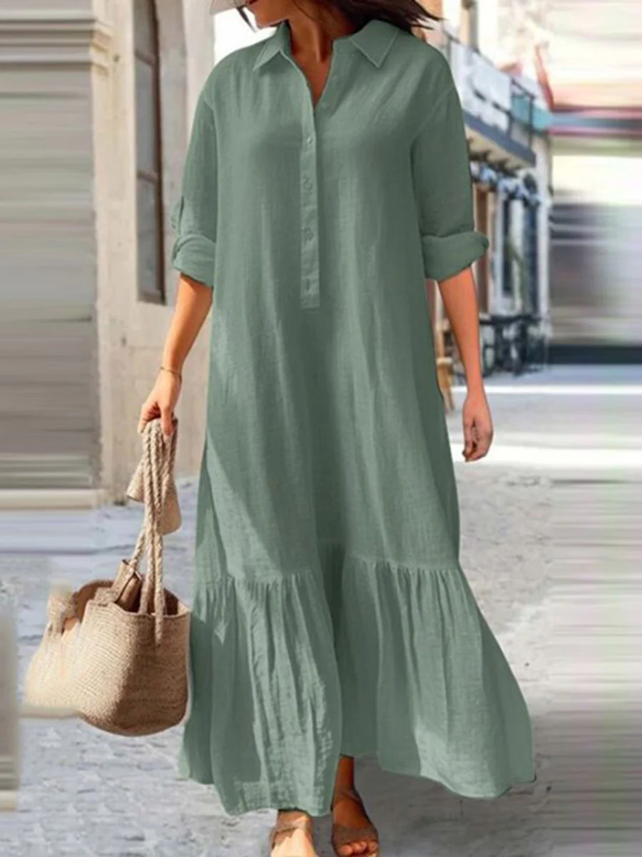 A-Line Long Sleeves Buttoned Pleated Solid Color Split-Joint Lapel Maxi Dresses - Image 2