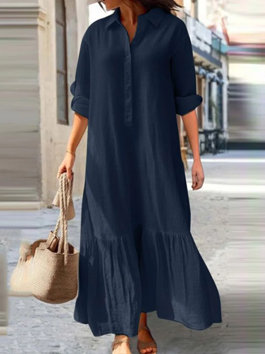A-Line Long Sleeves Buttoned Pleated Solid Color Split-Joint Lapel Maxi Dresses - Image 3