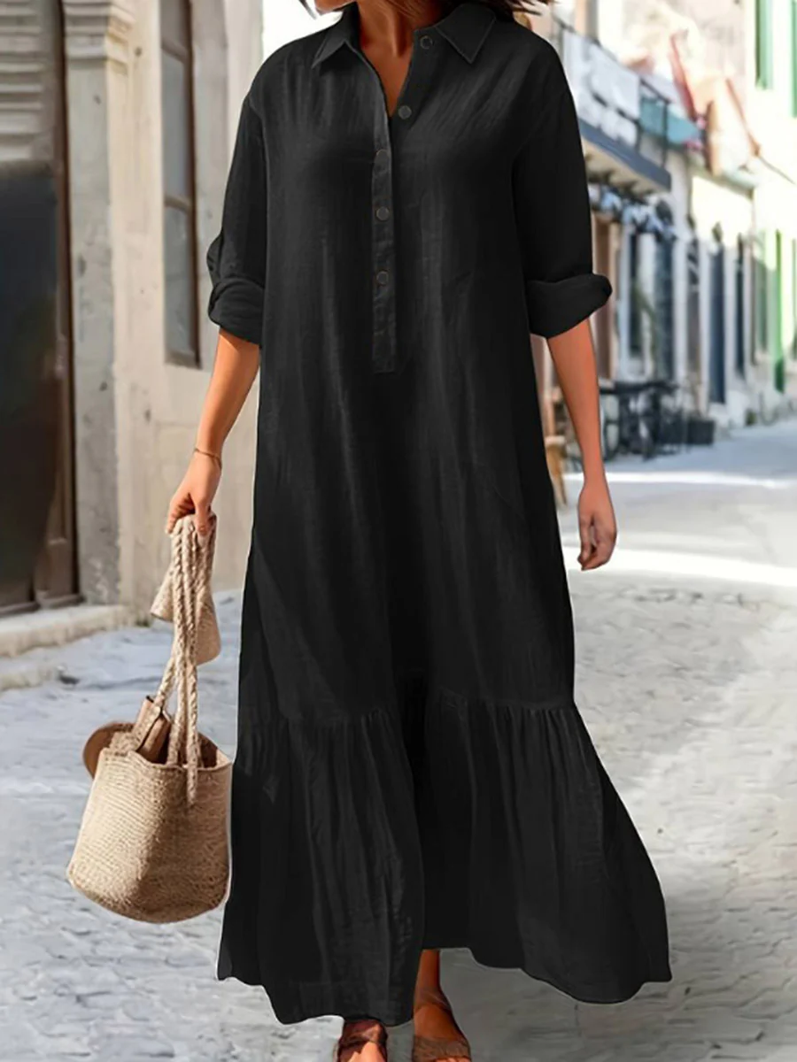 A-Line Long Sleeves Buttoned Pleated Solid Color Split-Joint Lapel Maxi Dresses - Image 4