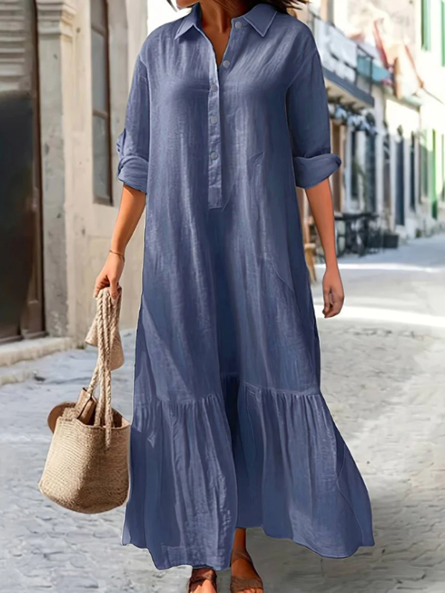 A-Line Long Sleeves Buttoned Pleated Solid Color Split-Joint Lapel Maxi Dresses - Image 5