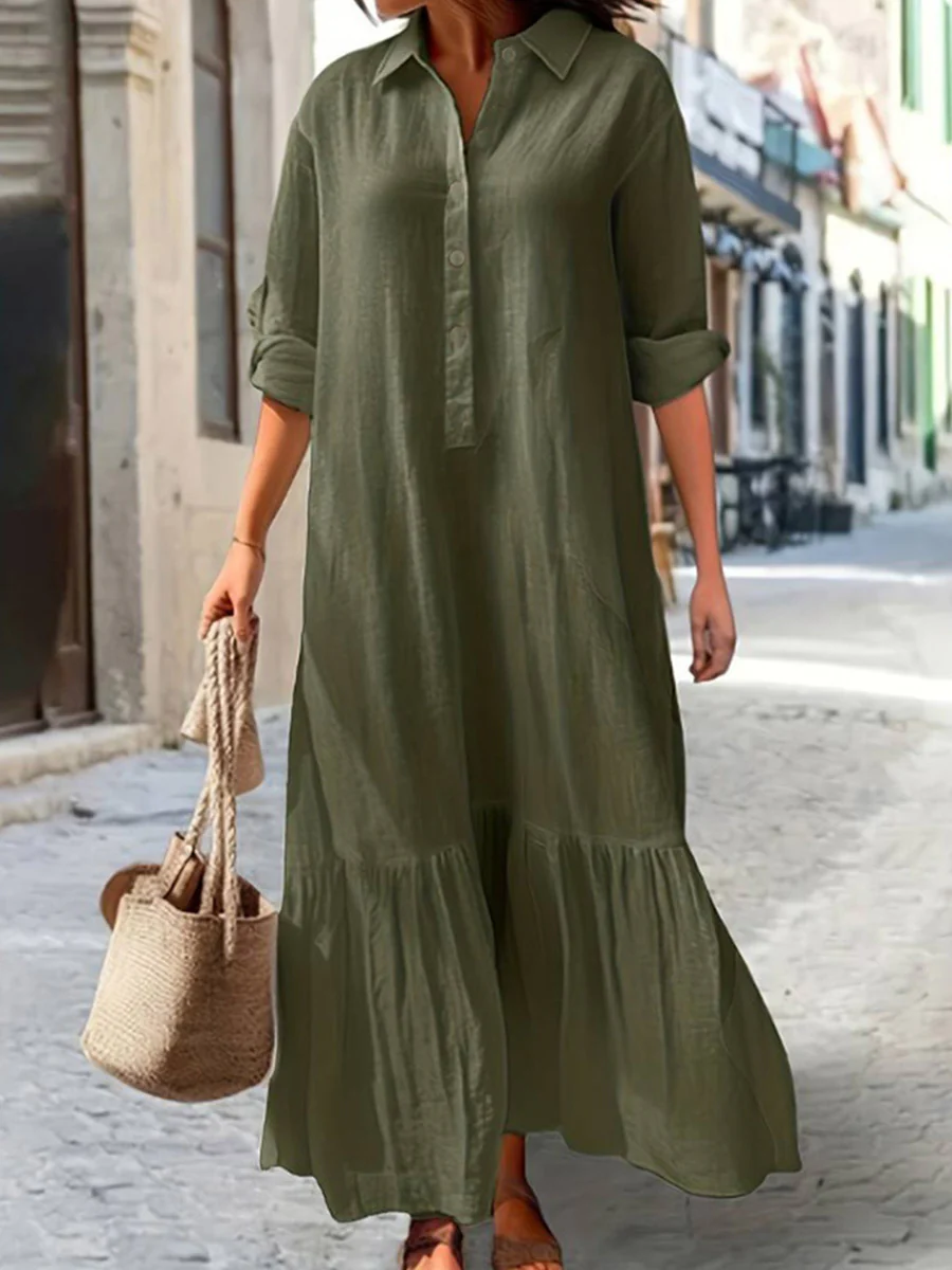 A-Line Long Sleeves Buttoned Pleated Solid Color Split-Joint Lapel Maxi Dresses - Image 6