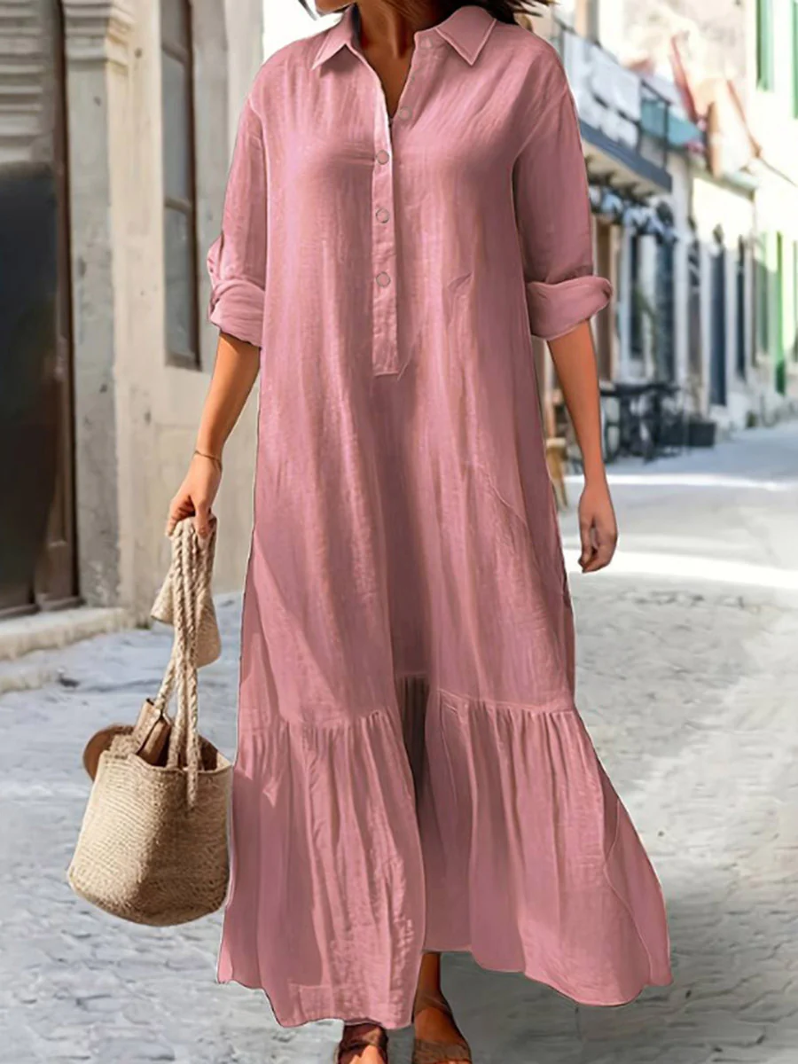 A-Line Long Sleeves Buttoned Pleated Solid Color Split-Joint Lapel Maxi Dresses - Image 7