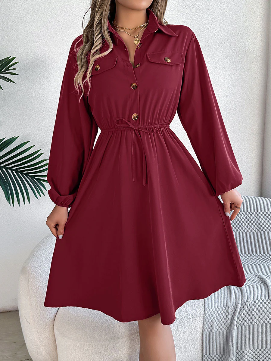 A-line Long Sleeves Buttoned Pleated Solid Color Tied Lapel Midi Dresses Shirt Dress