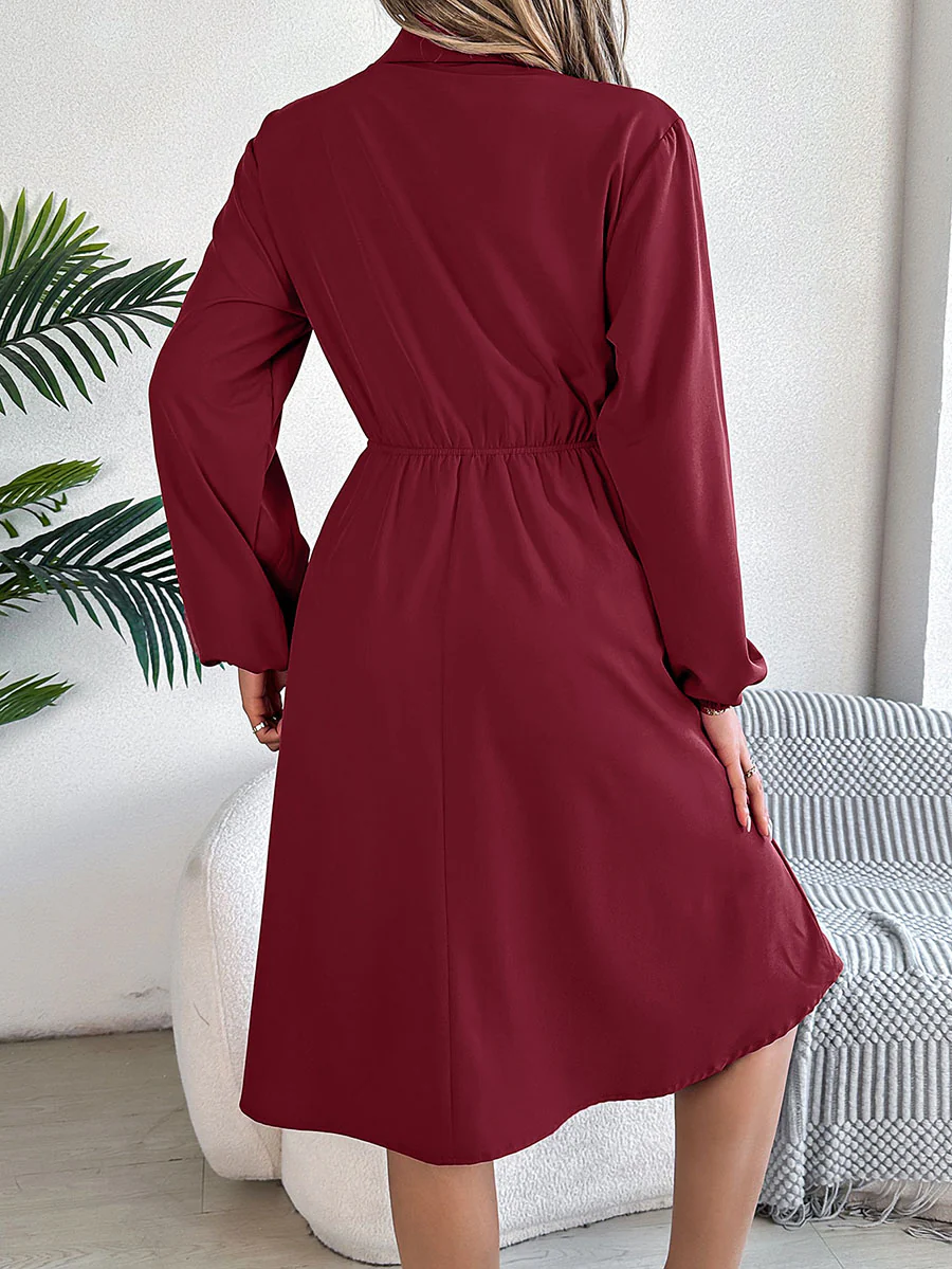 A-line Long Sleeves Buttoned Pleated Solid Color Tied Lapel Midi Dresses Shirt Dress - Image 11