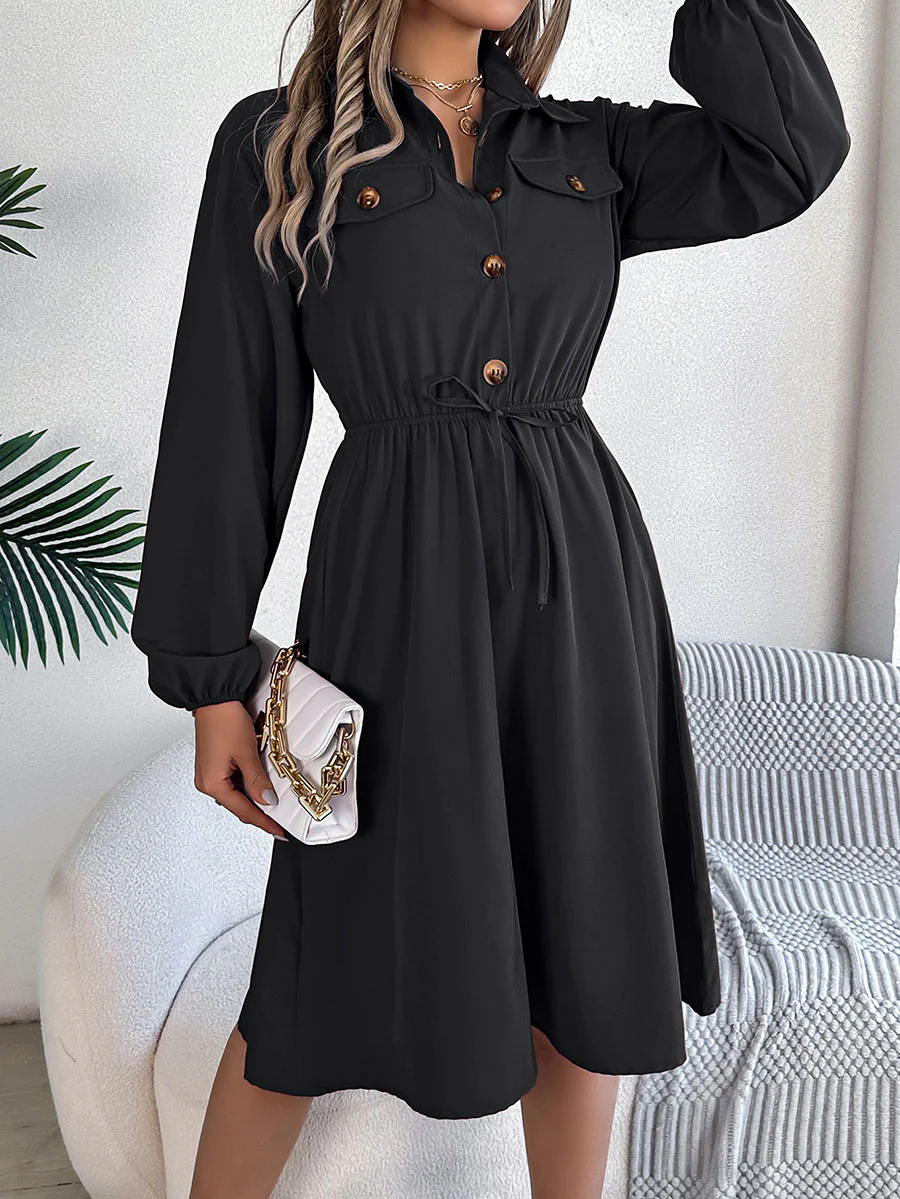 A-line Long Sleeves Buttoned Pleated Solid Color Tied Lapel Midi Dresses Shirt Dress - Image 12