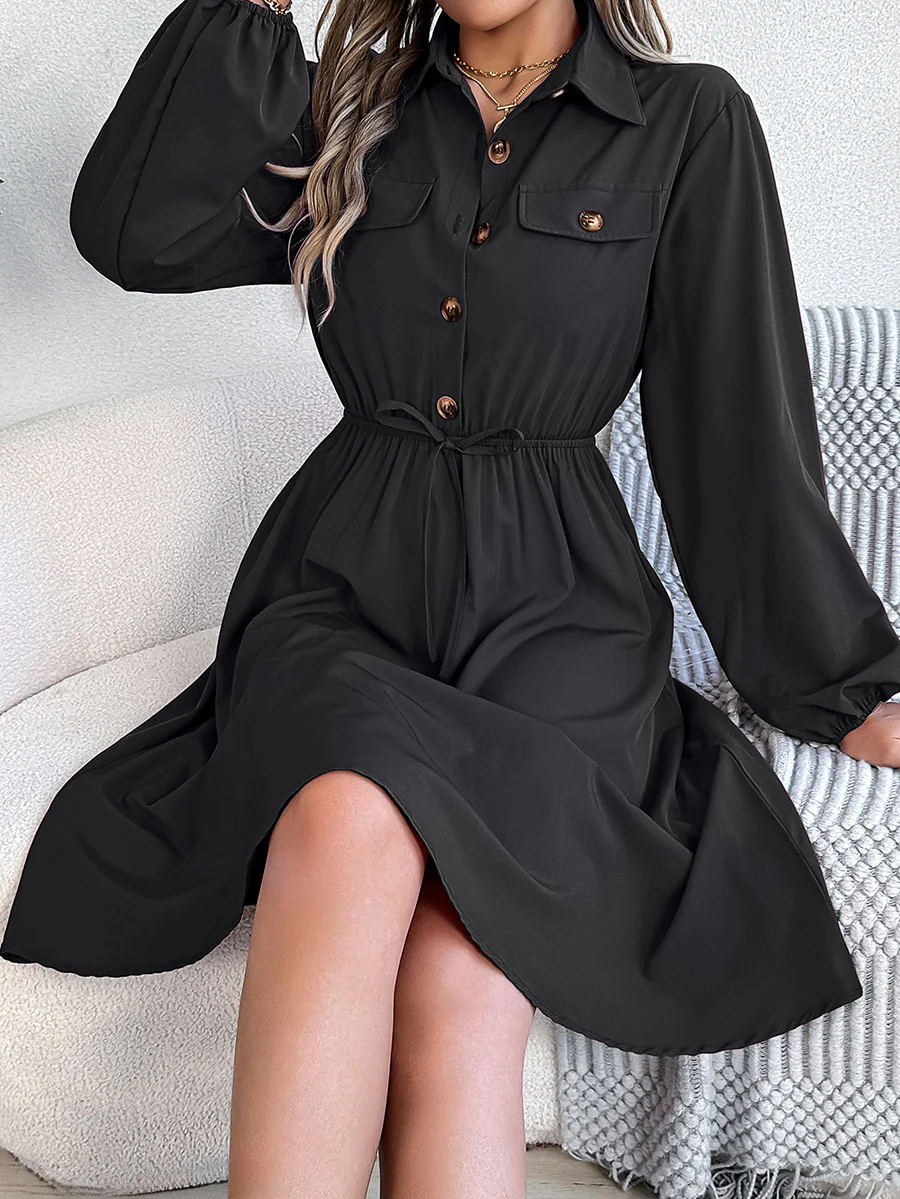 A-line Long Sleeves Buttoned Pleated Solid Color Tied Lapel Midi Dresses Shirt Dress - Image 13