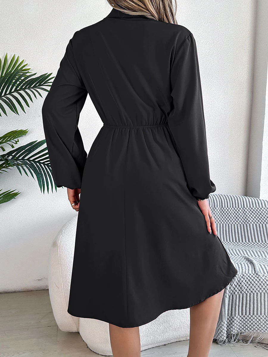 A-line Long Sleeves Buttoned Pleated Solid Color Tied Lapel Midi Dresses Shirt Dress - Image 14
