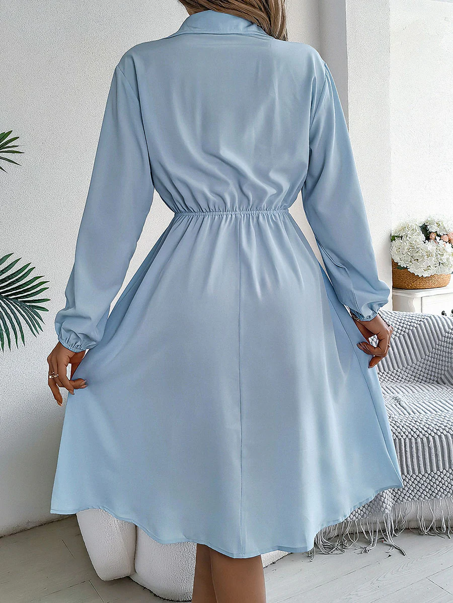 A-line Long Sleeves Buttoned Pleated Solid Color Tied Lapel Midi Dresses Shirt Dress - Image 17