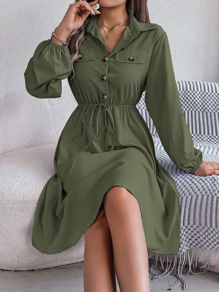 A-line Long Sleeves Buttoned Pleated Solid Color Tied Lapel Midi Dresses Shirt Dress - Image 19
