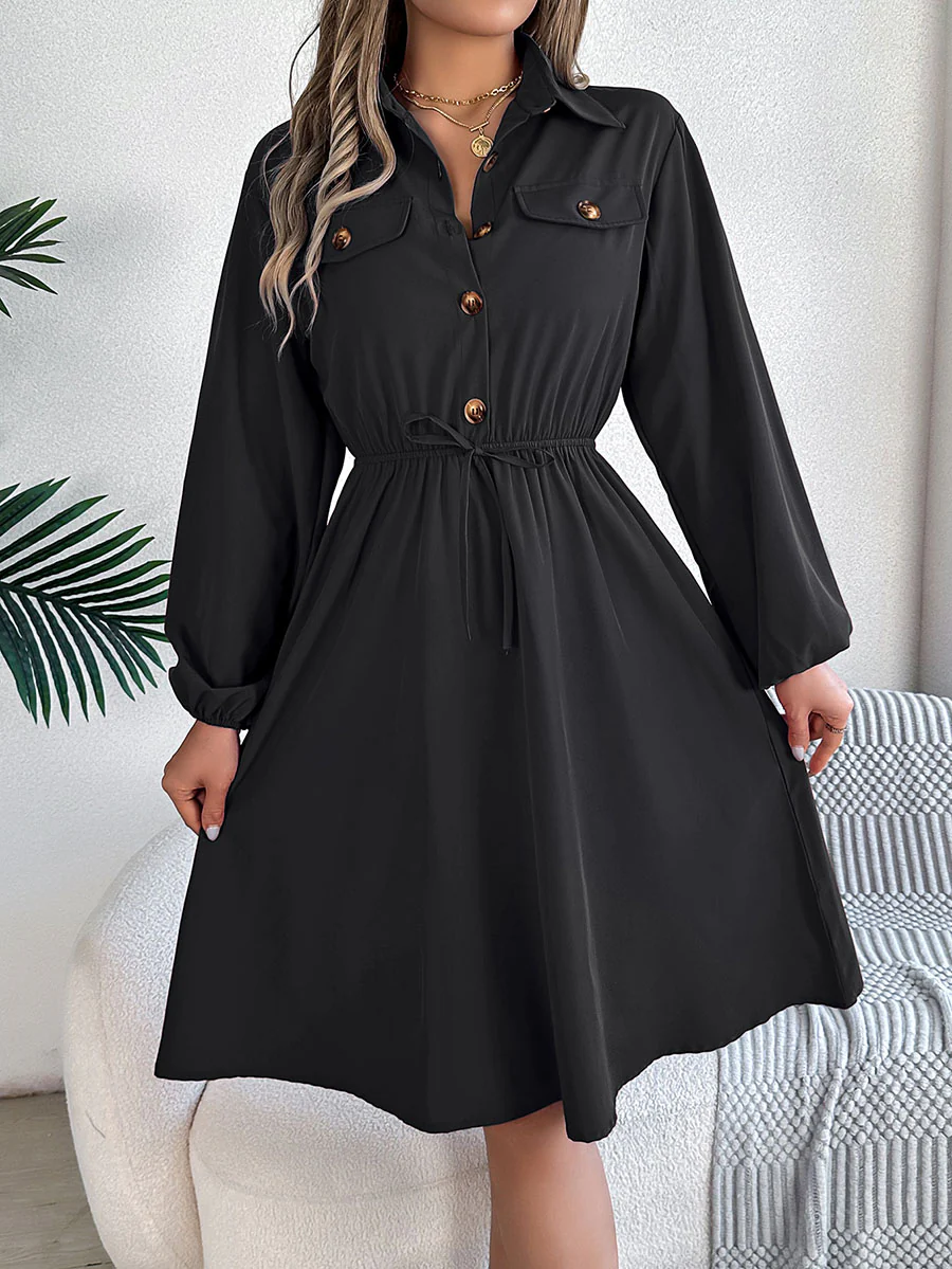 A-line Long Sleeves Buttoned Pleated Solid Color Tied Lapel Midi Dresses Shirt Dress - Image 2