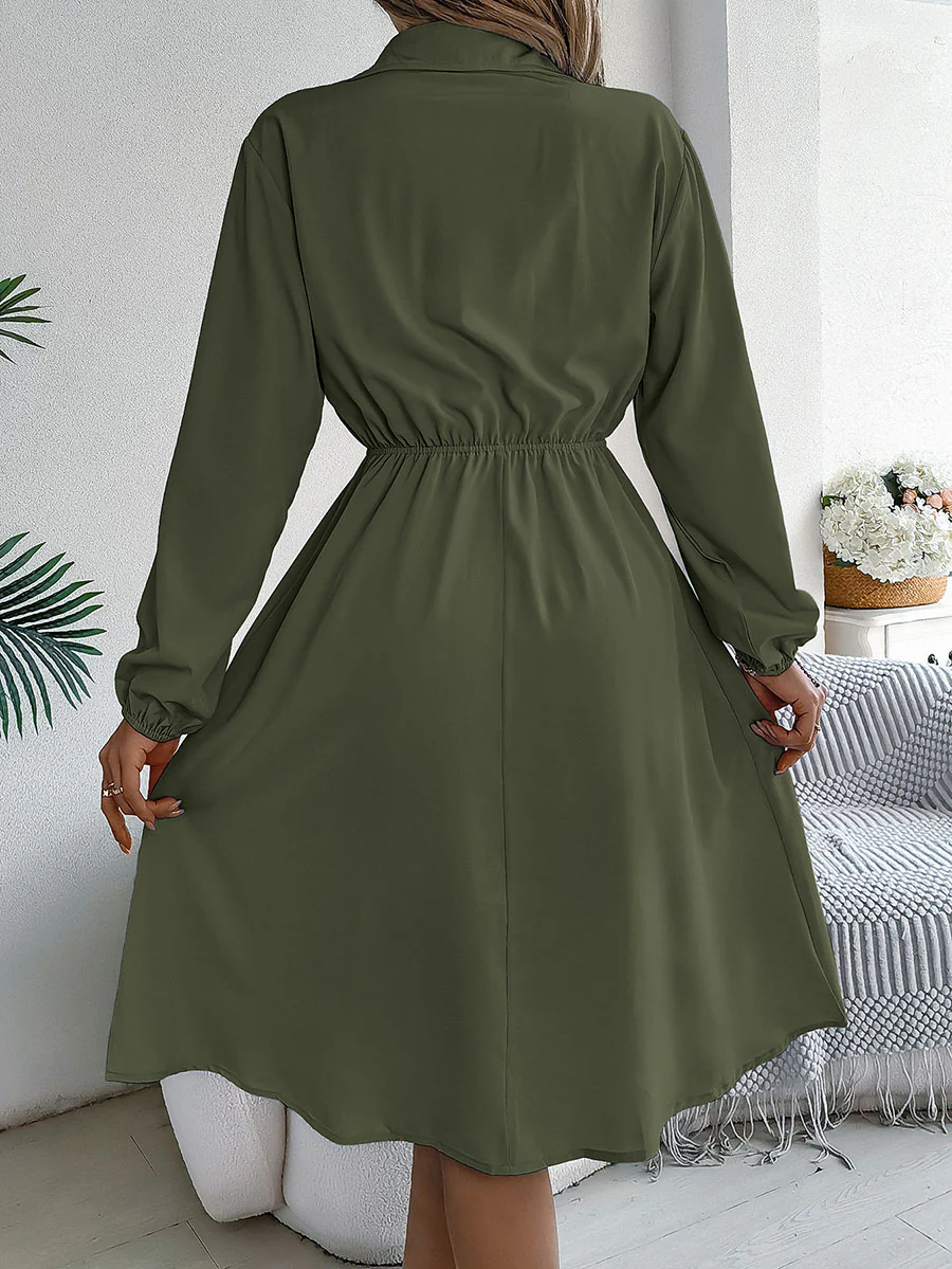 A-line Long Sleeves Buttoned Pleated Solid Color Tied Lapel Midi Dresses Shirt Dress - Image 20