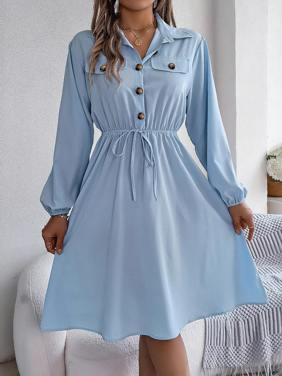A-line Long Sleeves Buttoned Pleated Solid Color Tied Lapel Midi Dresses Shirt Dress - Image 3