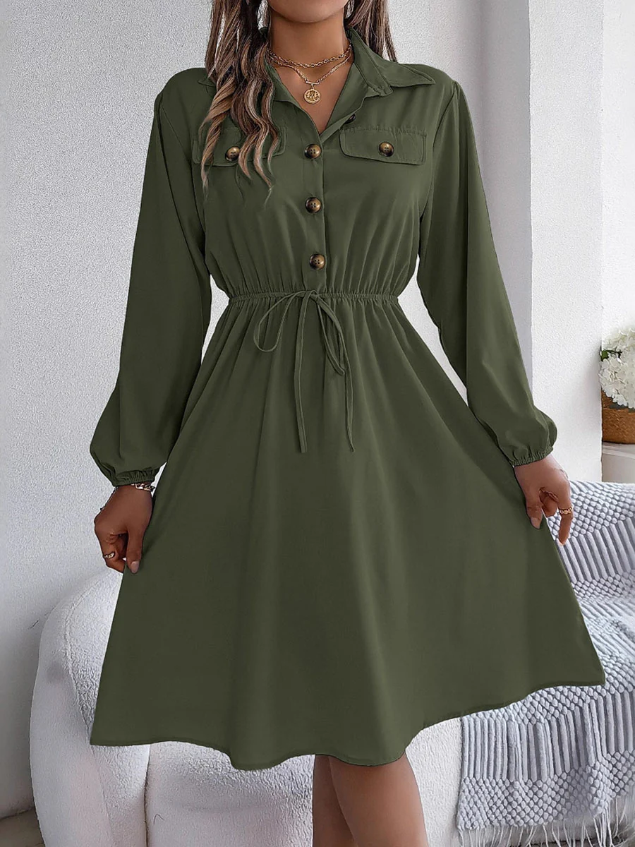 A-line Long Sleeves Buttoned Pleated Solid Color Tied Lapel Midi Dresses Shirt Dress - Image 4