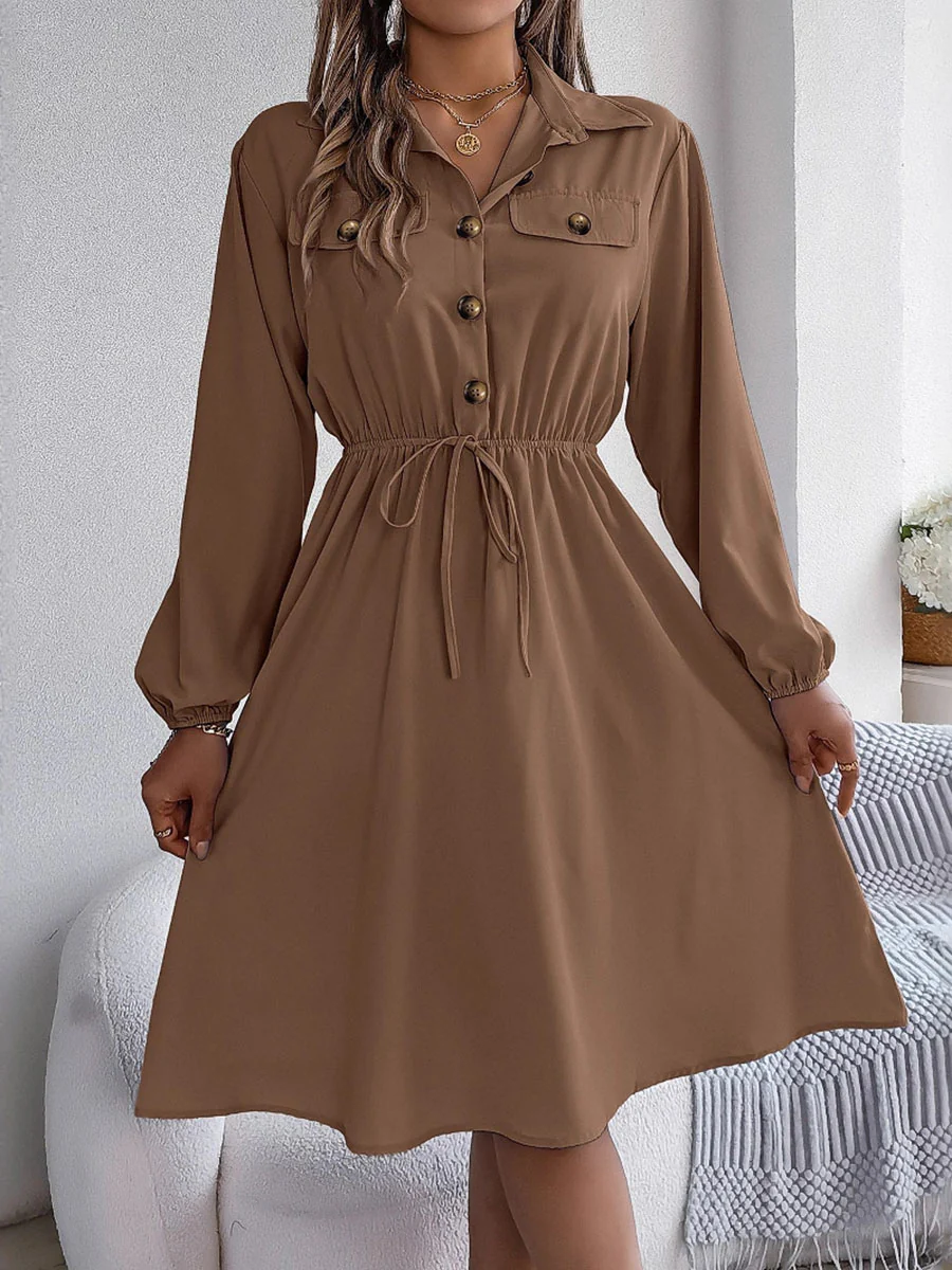 A-line Long Sleeves Buttoned Pleated Solid Color Tied Lapel Midi Dresses Shirt Dress - Image 5