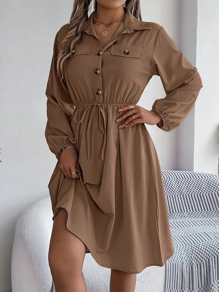 A-line Long Sleeves Buttoned Pleated Solid Color Tied Lapel Midi Dresses Shirt Dress - Image 6