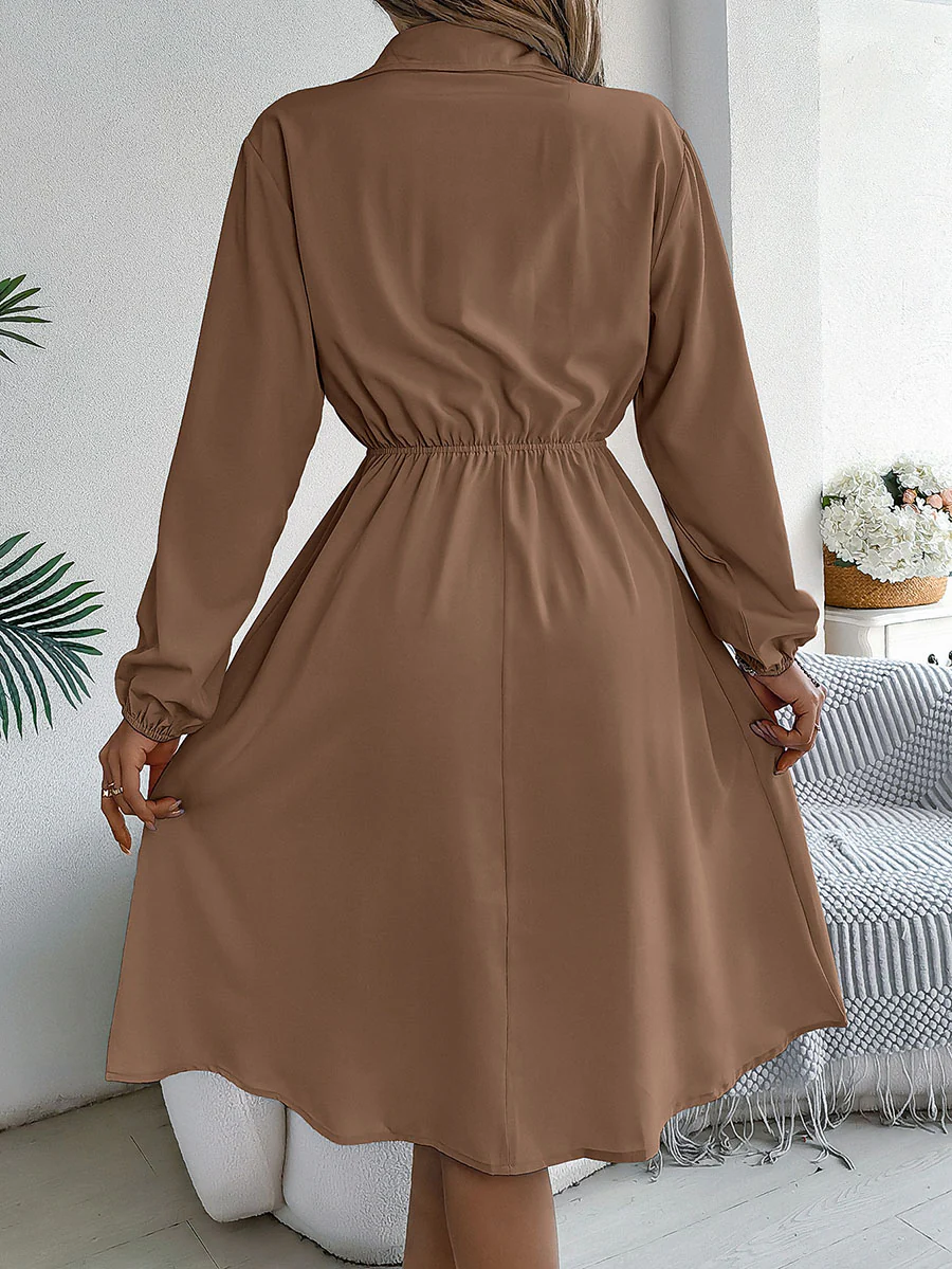 A-line Long Sleeves Buttoned Pleated Solid Color Tied Lapel Midi Dresses Shirt Dress - Image 8