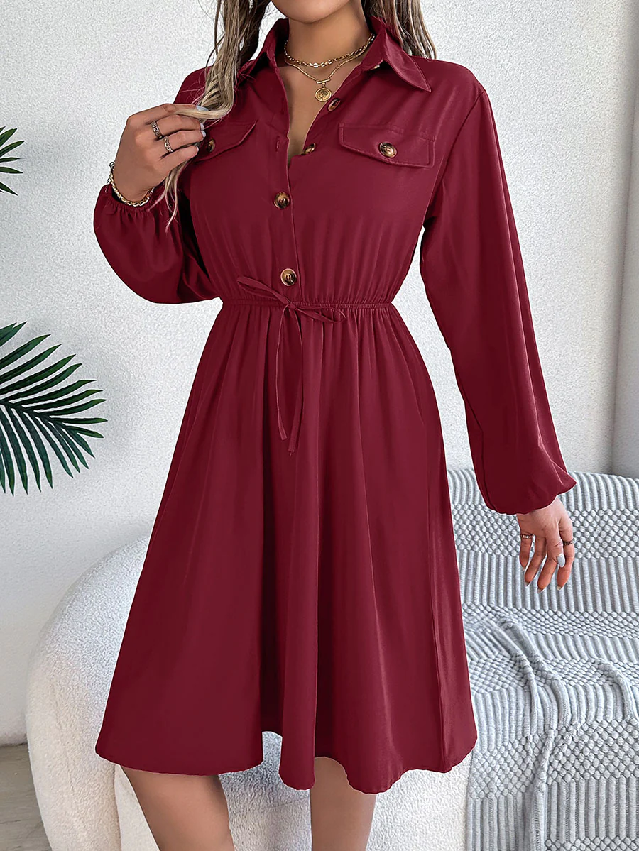 A-line Long Sleeves Buttoned Pleated Solid Color Tied Lapel Midi Dresses Shirt Dress - Image 9