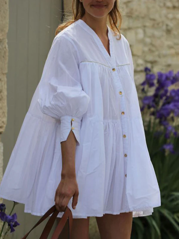 A-Line Long Sleeves Buttoned Pleated Solid Color V-Neck Mini Dresses Shirt Dress - Image 2