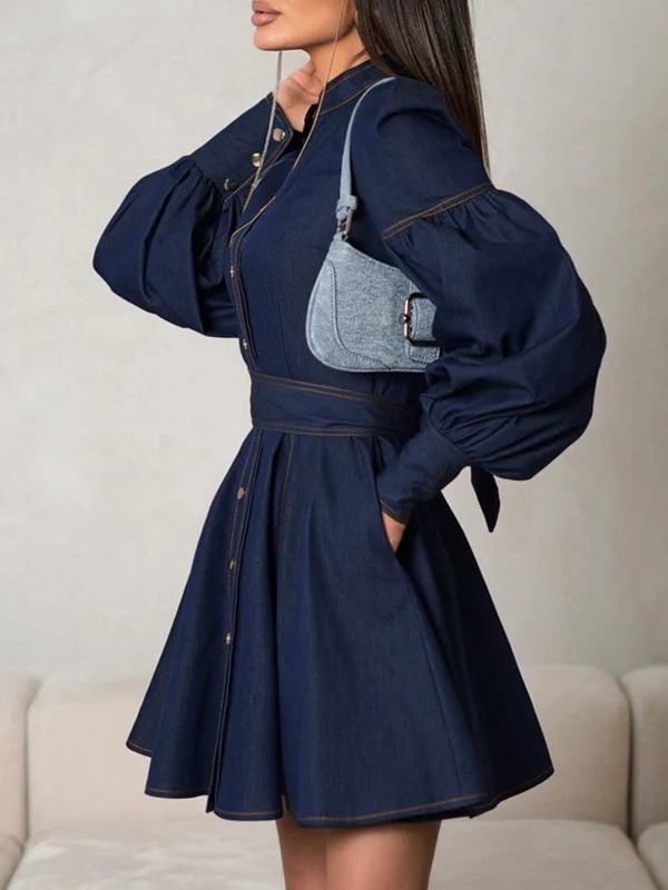 A-Line Long Sleeves Buttoned Pleated Split-Joint Tied Waist Mock Neck Mini Dresses - Image 3