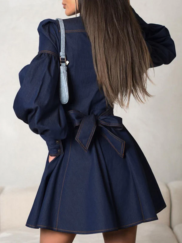 A-Line Long Sleeves Buttoned Pleated Split-Joint Tied Waist Mock Neck Mini Dresses - Image 4