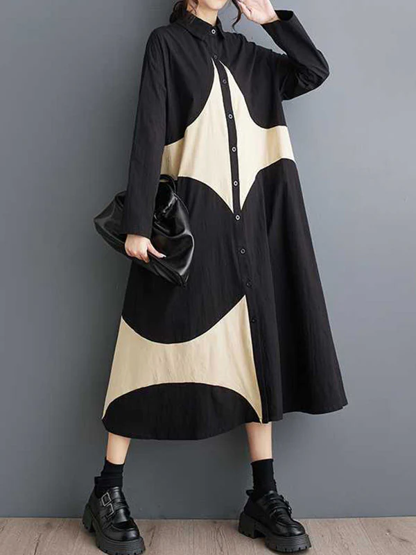 A-Line Long Sleeves Buttoned Pockets Printed Lapel Midi Dresses Shirt Dress - Image 2