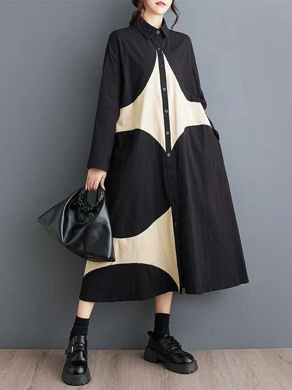 A-Line Long Sleeves Buttoned Pockets Printed Lapel Midi Dresses Shirt Dress - Image 3