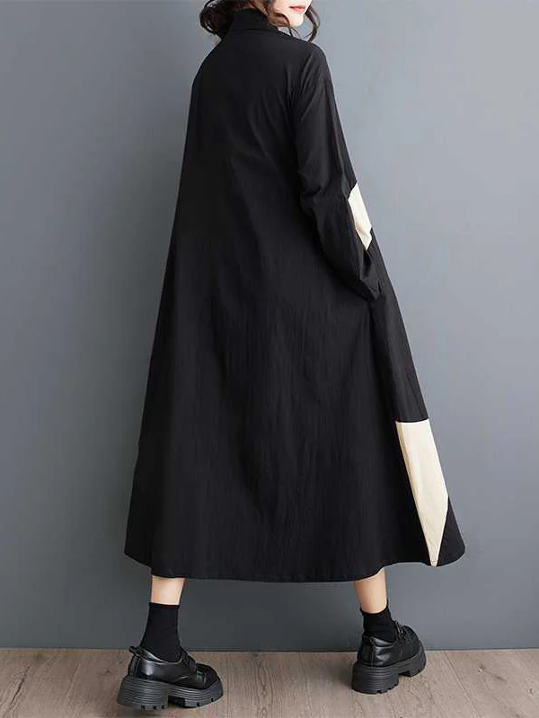 A-Line Long Sleeves Buttoned Pockets Printed Lapel Midi Dresses Shirt Dress - Image 4