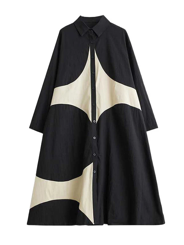A-Line Long Sleeves Buttoned Pockets Printed Lapel Midi Dresses Shirt Dress - Image 5