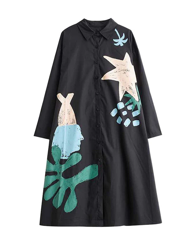 A-Line Long Sleeves Buttoned Pockets Printed Split-Joint Lapel Midi Dresses Shirt Dress - Image 10