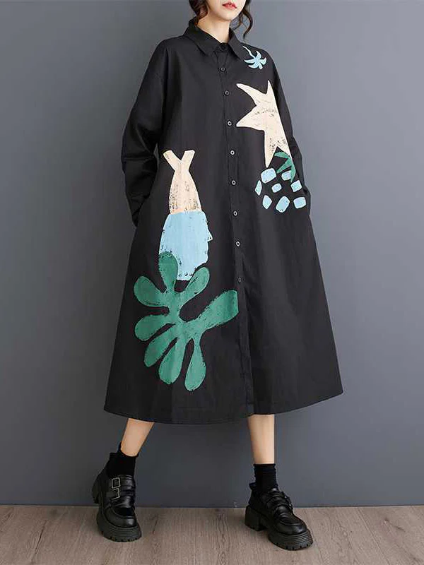 A-Line Long Sleeves Buttoned Pockets Printed Split-Joint Lapel Midi Dresses Shirt Dress - Image 2