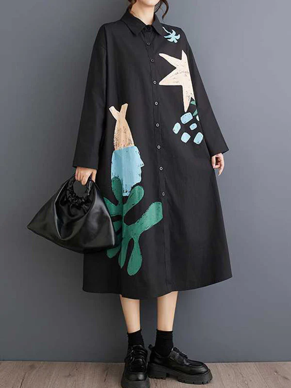 A-Line Long Sleeves Buttoned Pockets Printed Split-Joint Lapel Midi Dresses Shirt Dress - Image 3
