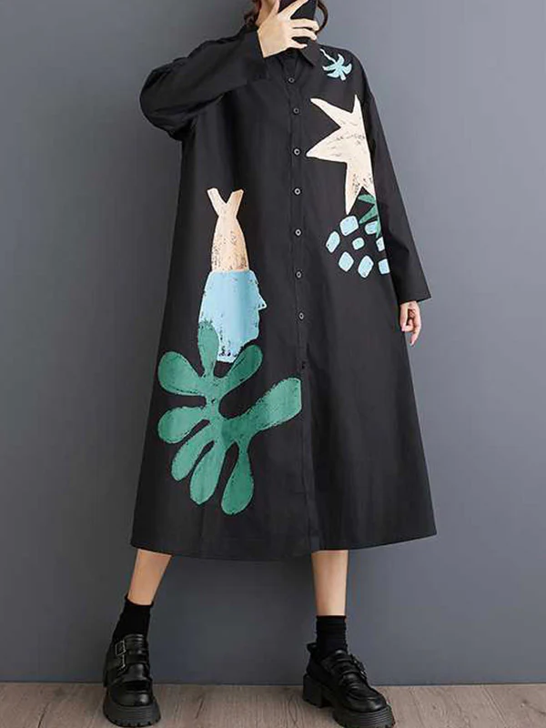A-Line Long Sleeves Buttoned Pockets Printed Split-Joint Lapel Midi Dresses Shirt Dress - Image 4