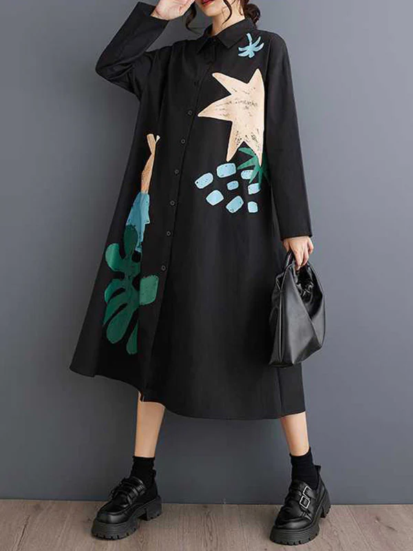 A-Line Long Sleeves Buttoned Pockets Printed Split-Joint Lapel Midi Dresses Shirt Dress - Image 5