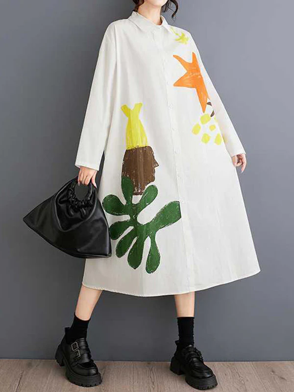 A-Line Long Sleeves Buttoned Pockets Printed Split-Joint Lapel Midi Dresses Shirt Dress - Image 6