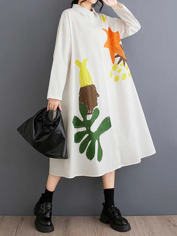 A-Line Long Sleeves Buttoned Pockets Printed Split-Joint Lapel Midi Dresses Shirt Dress - Image 7