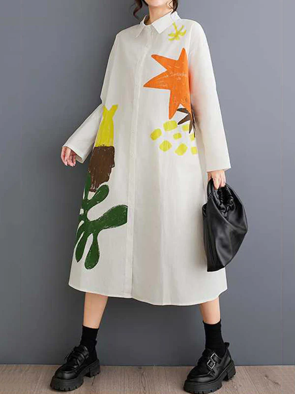 A-Line Long Sleeves Buttoned Pockets Printed Split-Joint Lapel Midi Dresses Shirt Dress - Image 8