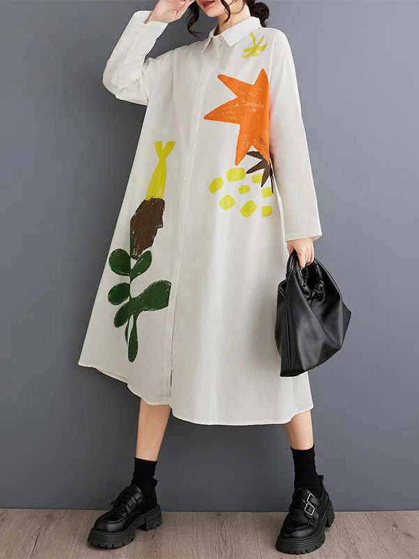 A-Line Long Sleeves Buttoned Pockets Printed Split-Joint Lapel Midi Dresses Shirt Dress - Image 9