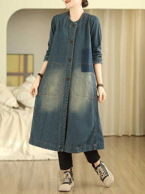 A-Line Long Sleeves Buttoned Pockets Round-Neck Midi Dresses Outerwear - Image 2