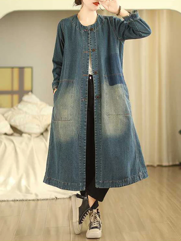 A-Line Long Sleeves Buttoned Pockets Round-Neck Midi Dresses Outerwear - Image 3