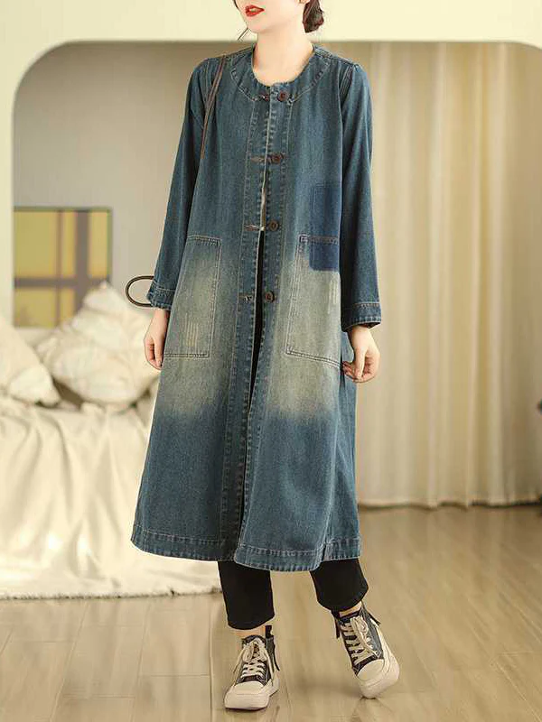 A-Line Long Sleeves Buttoned Pockets Round-Neck Midi Dresses Outerwear - Image 4
