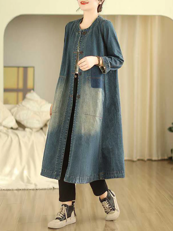 A-Line Long Sleeves Buttoned Pockets Round-Neck Midi Dresses Outerwear - Image 5