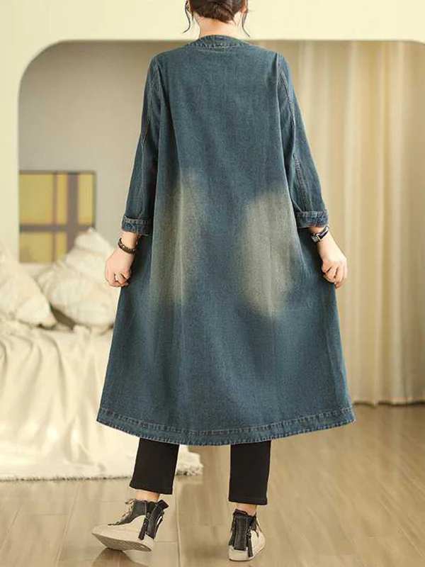 A-Line Long Sleeves Buttoned Pockets Round-Neck Midi Dresses Outerwear - Image 6