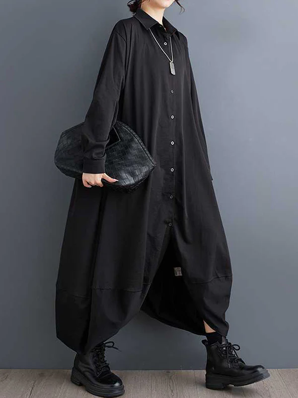 A-Line Long Sleeves Buttoned Pockets Solid Color Split-Joint Lapel Midi Dresses Shirt Dress - Image 10