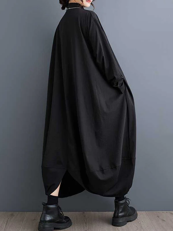 A-Line Long Sleeves Buttoned Pockets Solid Color Split-Joint Lapel Midi Dresses Shirt Dress - Image 11