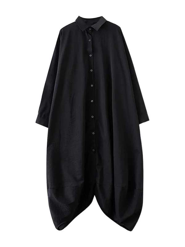 A-Line Long Sleeves Buttoned Pockets Solid Color Split-Joint Lapel Midi Dresses Shirt Dress - Image 12