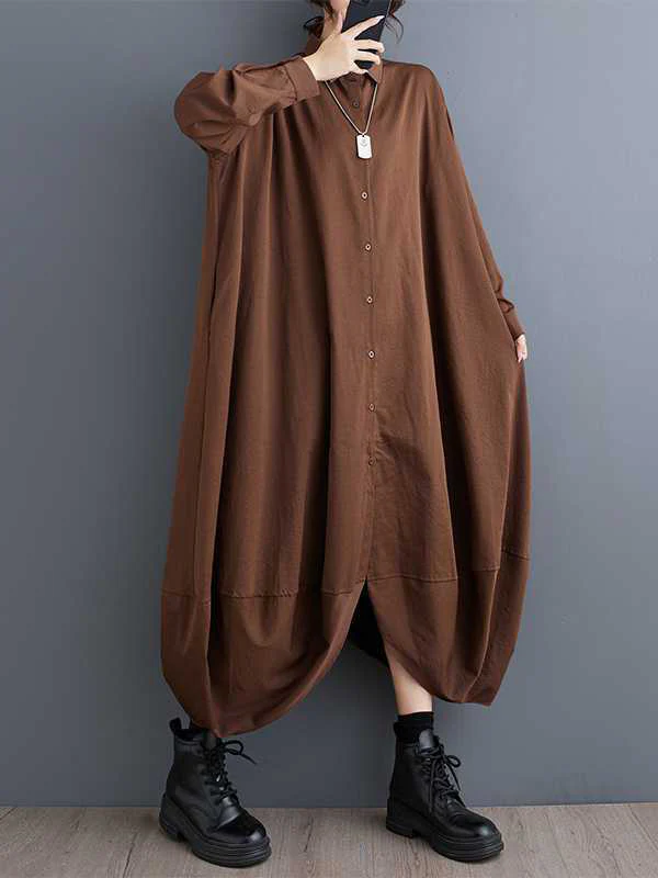 A-Line Long Sleeves Buttoned Pockets Solid Color Split-Joint Lapel Midi Dresses Shirt Dress - Image 2