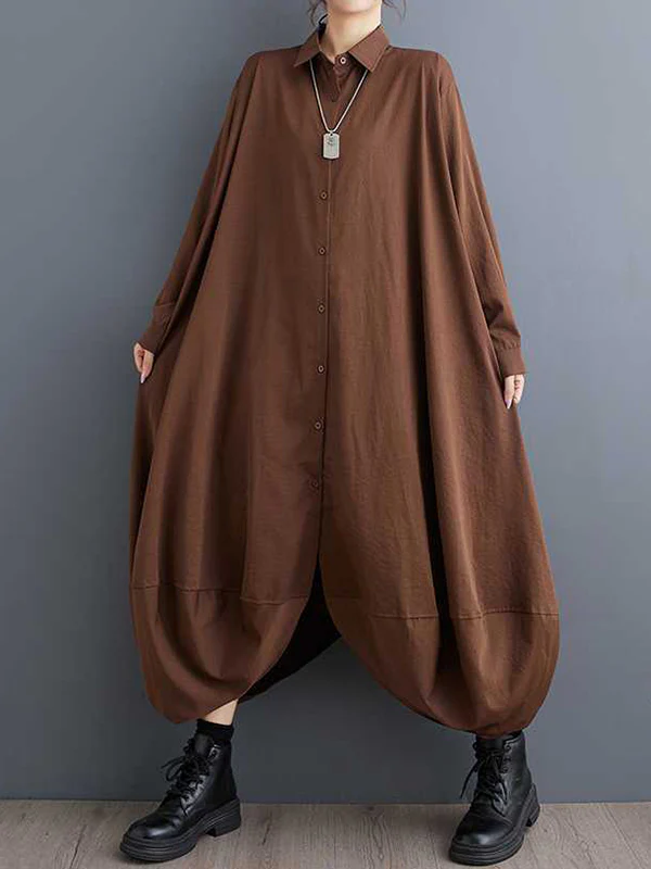 A-Line Long Sleeves Buttoned Pockets Solid Color Split-Joint Lapel Midi Dresses Shirt Dress - Image 3