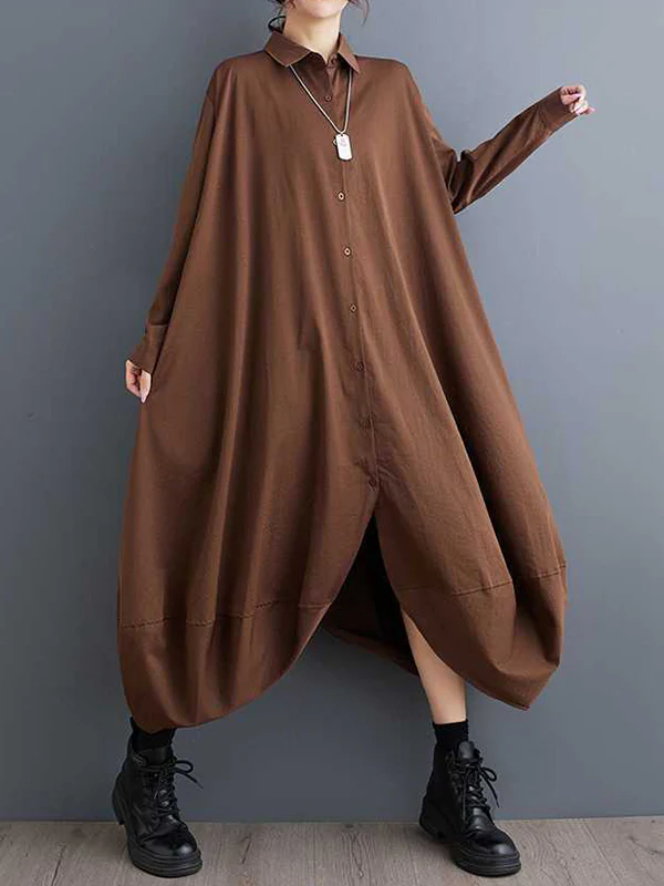 A-Line Long Sleeves Buttoned Pockets Solid Color Split-Joint Lapel Midi Dresses Shirt Dress - Image 4