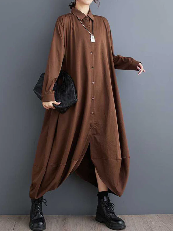 A-Line Long Sleeves Buttoned Pockets Solid Color Split-Joint Lapel Midi Dresses Shirt Dress - Image 5